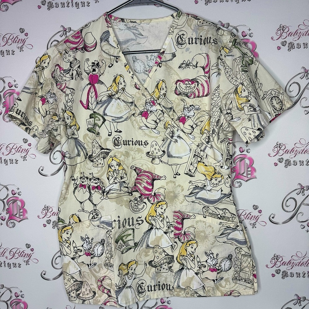 Tshirt alice in wonderland Cheshire Cat caterpillar queen of hearts scrubs top